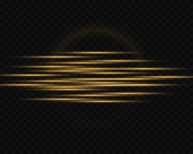 Altın çizgiler, ışınlar, parlak ışıklar, şeffaf bir arkaplanda parıltı.