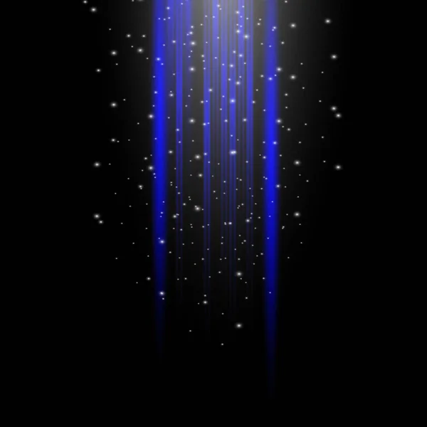 Vertical Neon Blue Rays Lines Glitter Glare Dust Black Background — Stock Vector