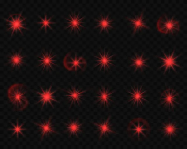Ensemble Flashs Rouges Étoiles Avec Reflets Réflexion Lumière Sur Fond — Image vectorielle