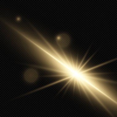 Parlak altın parıldayan ışık, yıldız, şeffaf bir arkaplanda parlıyor.