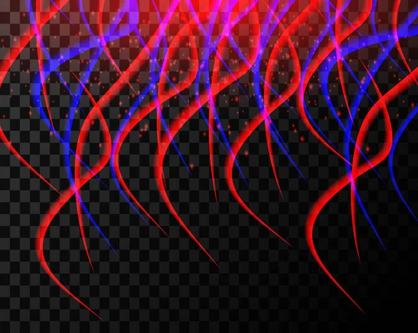 明亮的霓虹灯蓝红色发光波 波浪形线条 背景透明 闪烁着光芒和灰尘 — 图库矢量图片
