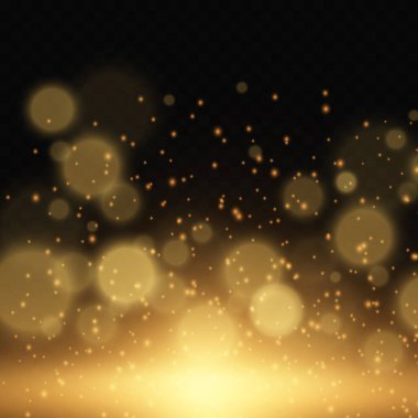 Altın parıldayan konfeti efektleri, parıltı, şeffaf arkaplanda izole edilmiş toz. Parlak ışık efekti.