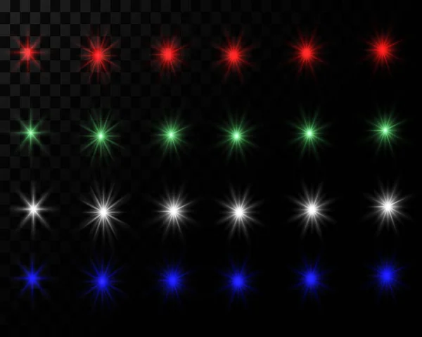 Set Flash Uri Multi Colorate Stele Evidențieri Reflecție Luminoasă Fundal — Vector de stoc