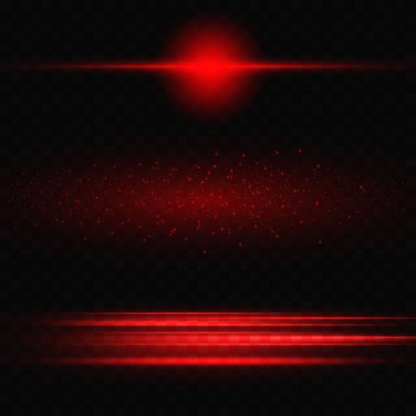 Bir dizi kırmızı yatay çizgi ve röfle. Lazer ışınları, şeffaf bir arkaplanda ışık parlamaları