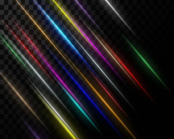 Лазерные Неоновые Разноцветные Лучи Линии Блики Прозрачном Фоне Световое Шоу — стоковый вектор