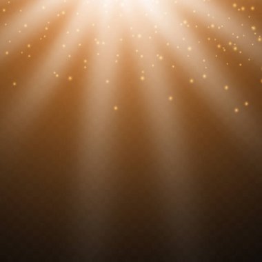 Parlak güneş ışınları, parlayan ışık, toz ve şeffaf bir arkaplanda yansıyan ışık.