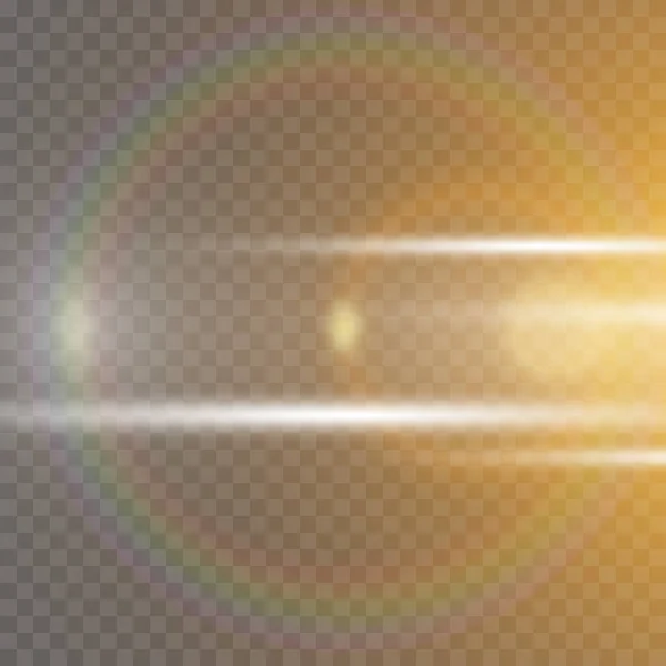抽象的な黄金のフロントサンレンズフレア半透明の特殊光効果デザイン 動きの中でベクトルブラーグレア 隔離された透明な背景 装飾要素 水平星バースト光線とスポットライト — ストックベクタ