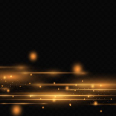 Altın neon çizgiler, güzel ışınlar, yıldız patlaması, şeffaf bir arkaplanda toz..