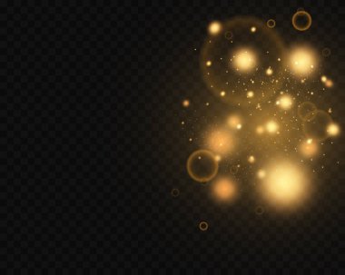 Tozdan kıvılcımlar ve özel bir ışık. Parıldayan sihirli toz parçacıkları. Şeffaf bir arkaplanda vektör parıldıyor. Noel