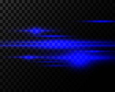 Mavi yatay mercek fişeği paketi. Lazer ışınları, yatay ışık ışınları. Çok güzel ışık parlamaları. Karanlık arka planda parlak çizgiler. Parlak, soyut, ışıl ışıl bir arka plan.