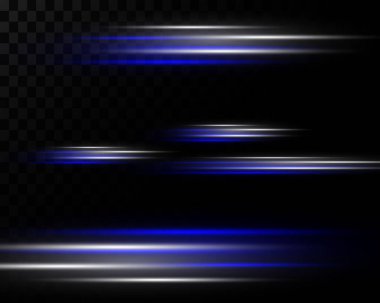 Şeffaf bir arkaplanda beyaz ve mavi renkli parlak renkler. Lazer ışınları, yatay ışık ışınları.