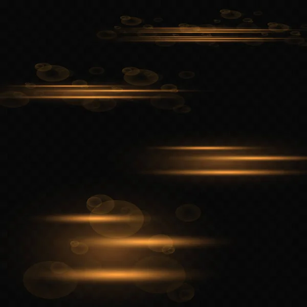 Lot Reflets Horizontaux Dorés Brillants Sur Fond Transparent Rayons Laser — Image vectorielle