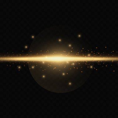 Altın neon ışığı, parıltılı ışık patlaması ve şeffaf arka planda toz. Lazer ışınları, yatay ışık ışınları.