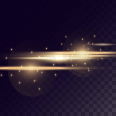 Altın neon ışığı, parıltılı ışık patlaması ve şeffaf arka planda toz. Lazer ışınları, yatay ışık ışınları.