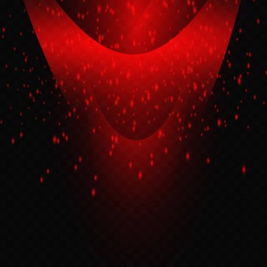 Kırmızı neon ışığı, parıltılı ışık patlaması ve şeffaf bir arka planda toz. Lazer ışınları, yatay ışık ışınları.