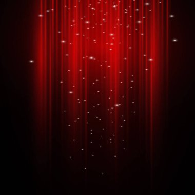 Kırmızı neon ışığı, parıltılı ışık patlaması ve şeffaf bir arka planda toz. Lazer ışınları, parlak ışık ışınları.