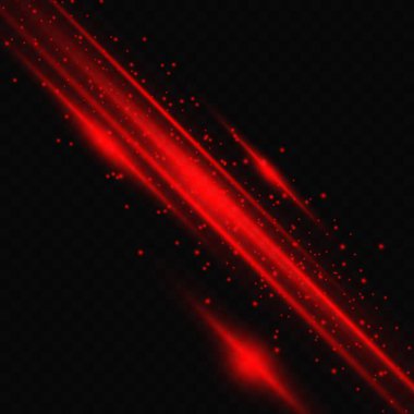Kırmızı neon ışığı, parıltılı ışık patlaması ve şeffaf bir arka planda toz. Lazer ışınları, parlak ışık ışınları.