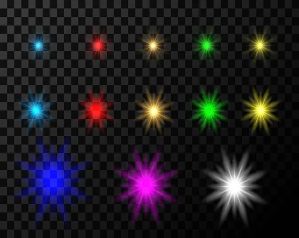 Conjunto Estrelas Multicoloridas Vetor Pisca Com Luz Sobre Fundo Transparente — Vetor de Stock