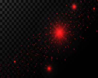 Kırmızı neon ışığı, parlak ışık patlaması şeffaf bir arkaplanda toz ve parıltı. 