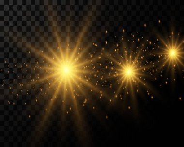 Parlayan yıldızlar, ışıklar ve yansıtıcı efektler ve şeffaf bir arkaplanda toz parçacıkları. 