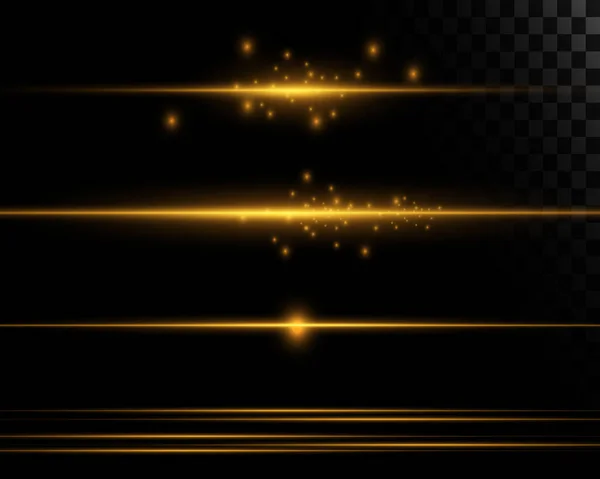 Conjunto Linhas Néon Dourado Raios Luz Com Poeira Explosões Estrelas — Vetor de Stock