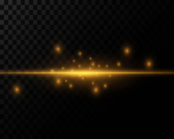 Goldene Leuchtlinien Lichtstrahlen Mit Staub Glitzern Und Sternexplosionen Auf Transparentem — Stockvektor