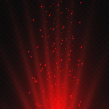 Kırmızı neon ışığı, parıltılı ışık patlaması ve şeffaf bir arka planda toz. Lazer ışınları, parlak ışık ışınları.