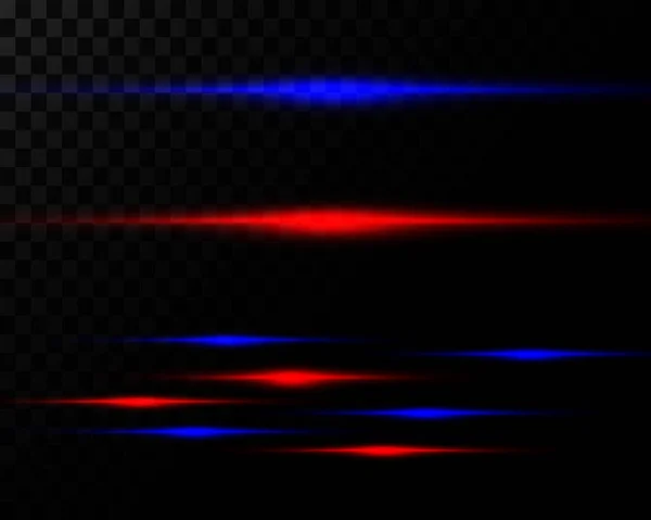 Червоно Сині Горизонтальні Лазерні Промені Лінії Яскраві Спалахи Прозорому Фоні — стоковий вектор
