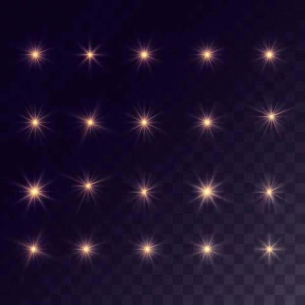 Набір Спалахів Світла Світла Іскри Абстрактні Золоті Вогні Ізольовані Прозорому — стоковий вектор