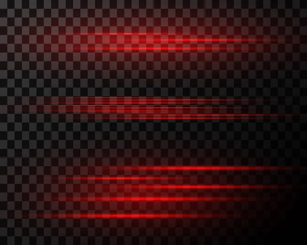 Набор Красных Линий Лазерных Лучей Ярких Световых Лучей Блестками Пылью — стоковый вектор