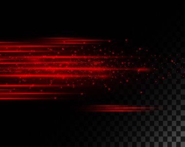 Güzel kırmızı neon ışıklar, lazer ışınları, parlak ışık demetleri ve şeffaf bir arkaplanda toz. vektör illüstrasyonu