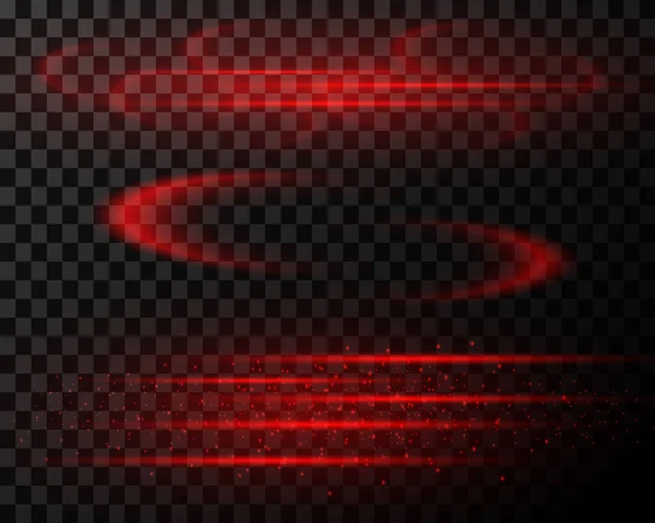 Set Red Lines Laser Beams Bright Light Beams Glitter Dust — Stock Vector