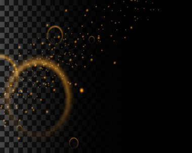 Şeffaf bir arkaplanda ışık ve yıldız patlaması olan toz parçacıklarının arkaplanı. Vektör illüstrasyonu