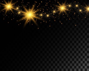 Işıklı, tozlu ve yıldızlı altın toz parçacıklarının arkaplanı şeffaf arkaplanda patlar. Vektör illüstrasyonu