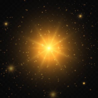 Golden flash of light, explosion of a star with glitter and dust on a transparent background.