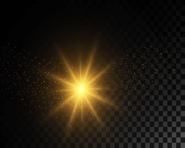 Golden Flash Light Explosion Star Glitter Dust Transparent Background — Vetor de Stock