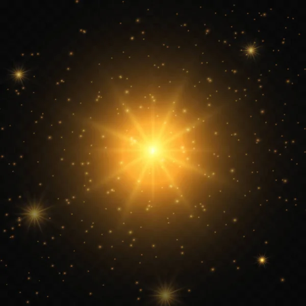 Golden Flash Light Explosion Star Glitter Dust Transparent Background — 图库矢量图片