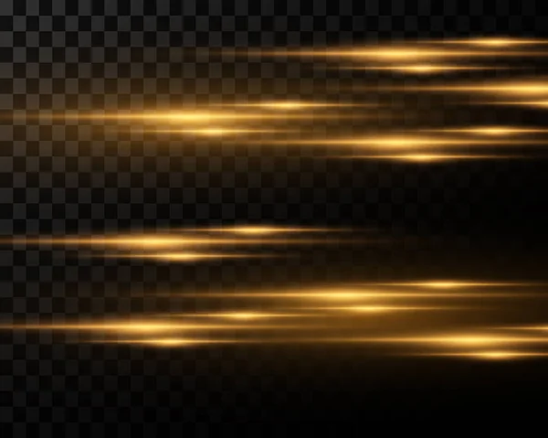 Sada Jasně Zlatých Záblesků Světla Neonových Paprsků Čar Průhledném Pozadí — Stockový vektor