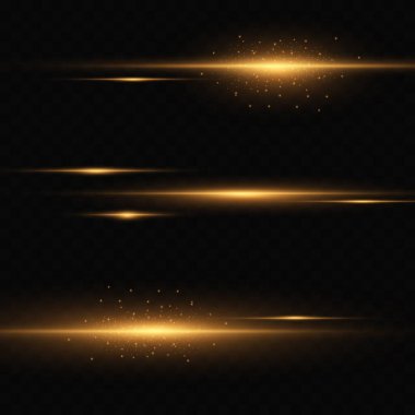 Altın yatay röfleler. Lazer ışınları, yatay ışık ışınları. Güzel ışıklar yanıp sönüyor. Şeffaf bir arkaplanda parlak çizgiler. Çizgili soyut simli parlayan arkaplan.