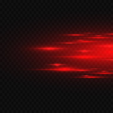 Kırmızı yatay mercek fişekleri paketi. Lazer ışınları, yatay ışık ışınları. Çok güzel ışık parlamaları. Karanlık arka planda parlak çizgiler. Parlak, soyut, ışıl ışıl bir arka plan.