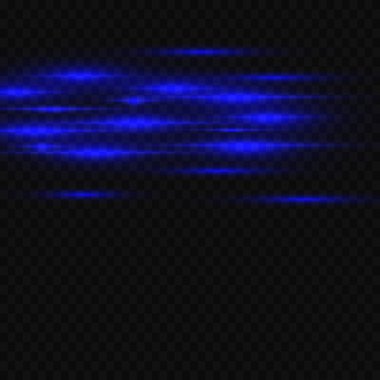 Bir paket mavi yatay röfle. Lazer ışınları, yatay ışık ışınları. Güzel ışıklar yanıp sönüyor. Şeffaf arkaplanda parlayan çizgiler.