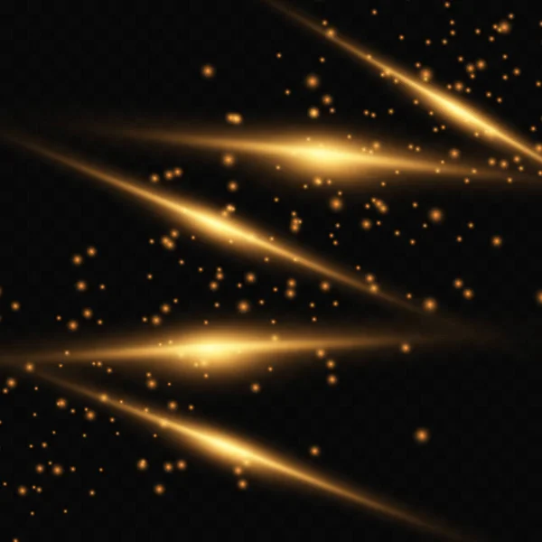 Set Golden Glowing Effects Lights Isolated Transparent Background Flash Sunshine — Stockvektor