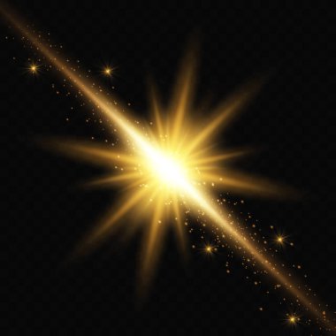 Golden bright star. Light effect bright star. Nice light to illustrate. Christmas star golden sparks sparkle with a special light. Vector sparkles on a transparent background.