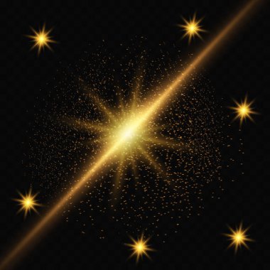 Güzel kıvılcımlar özel bir ışıkla parlar. Şeffaf bir arkaplanda vektör parıldıyor. Noel soyut kalıbı. Kartpostal için güzel bir illüstrasyon. Görüntü için arkaplan. Parıltılar.