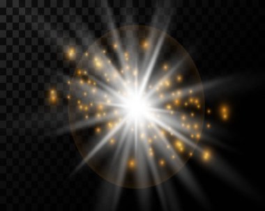 Güneş ışınları ve şeffaf arkaplanda parlıyor. Kırpma maskesi içeriyor. Parlak ışık. Vektör illüstrasyonu 10.