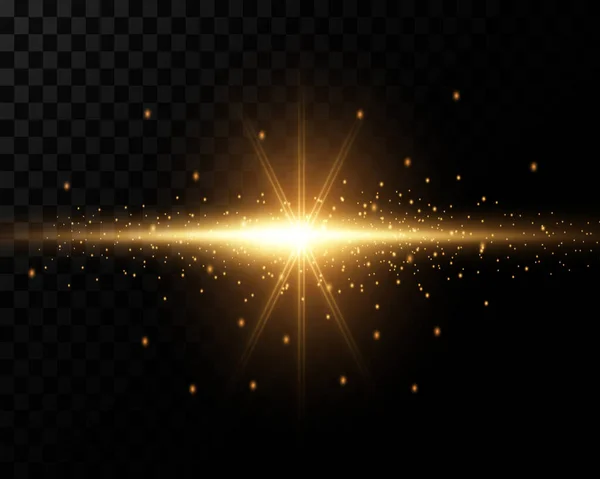 Center Bright Flash Yellow Glowing Light Explodes Transparent Background Sparkling — Stock vektor