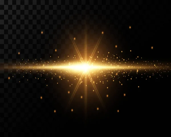 Center Bright Flash Yellow Glowing Light Explodes Transparent Background Sparkling — Vetor de Stock