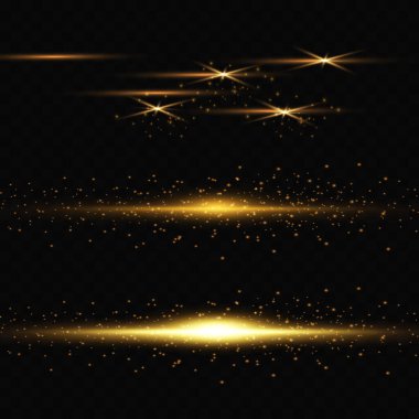 Sarı yatay mercek fişekleri paketi. Lazer ışınları, yatay ışık ışınları. Güzel ışık fişekleri. Karanlık arka planda parlak çizgiler. Parlak, soyut, ışıl ışıl bir arka plan.