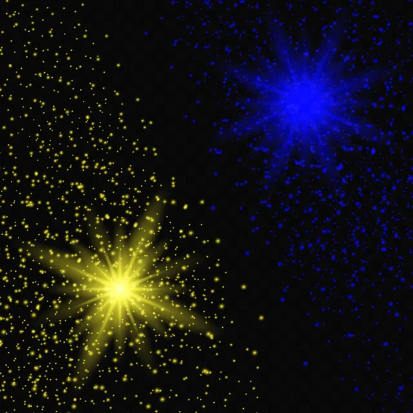 Stars Exploded Different Colors Yellow Blue Sparkles Light Effect Transparent — Stockvektor