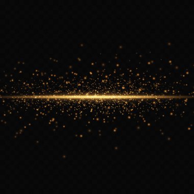 Golden horizontal glare and flashes of light, bright dust. laser beams. Beautiful light flashes. Glowing stripes on a transparent background. Glowing abstract sparkling background.